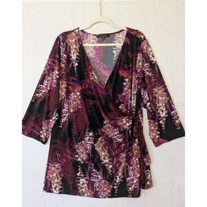Ellen‎ Weaver 3X Floral Faux Wrap Top 3/4 Sleeve Burgundy Pink Stretch Plus Size
